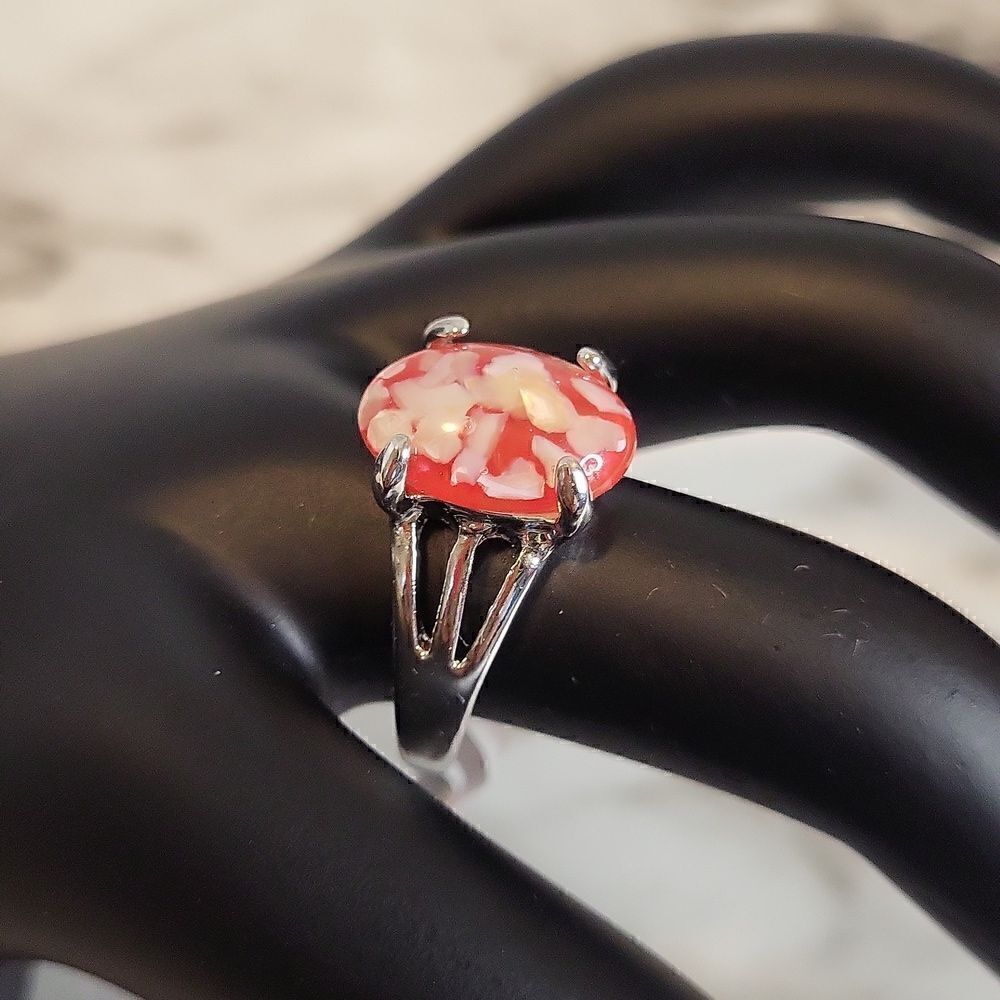 Solitaire Coral Topaz with Crushed Seashell Ring Size 8